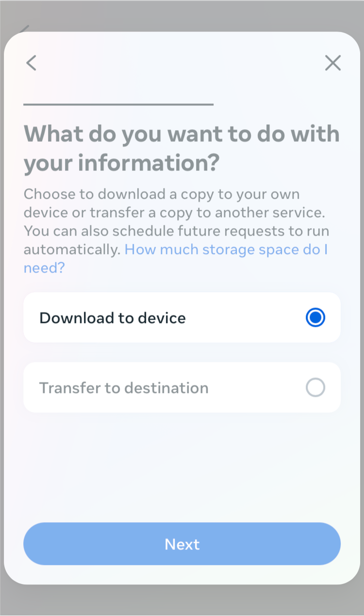 What do you want to do with your information? Option 1: Download to device. Option 2 (selected): Transfer to destination